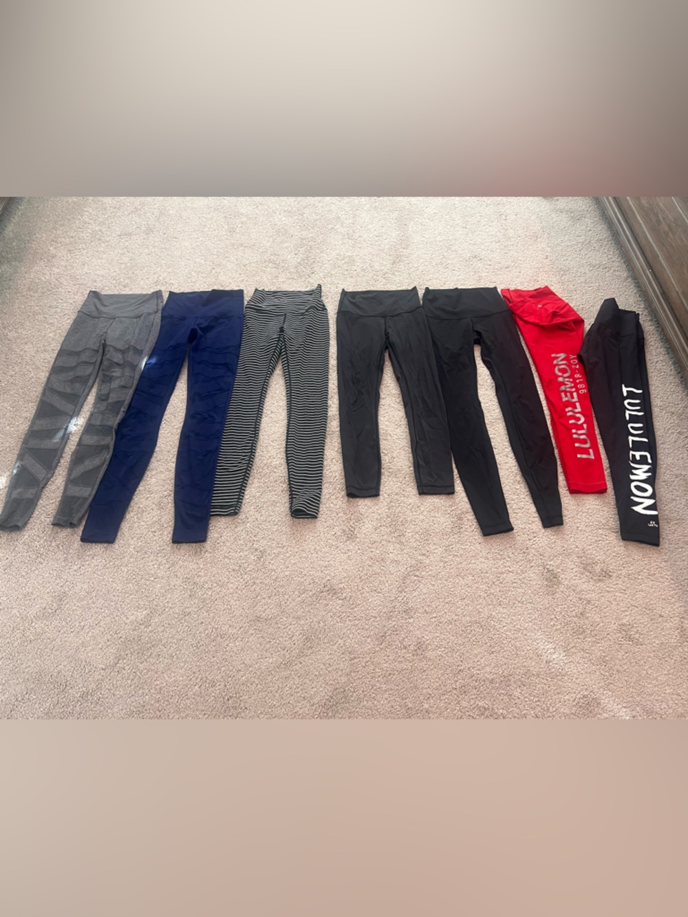 Lululemon Leggings Bundle - Gray/Navy cutouts, Black/Red Signature logo, Striped
